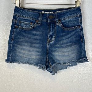 Dark washed jean shorts.